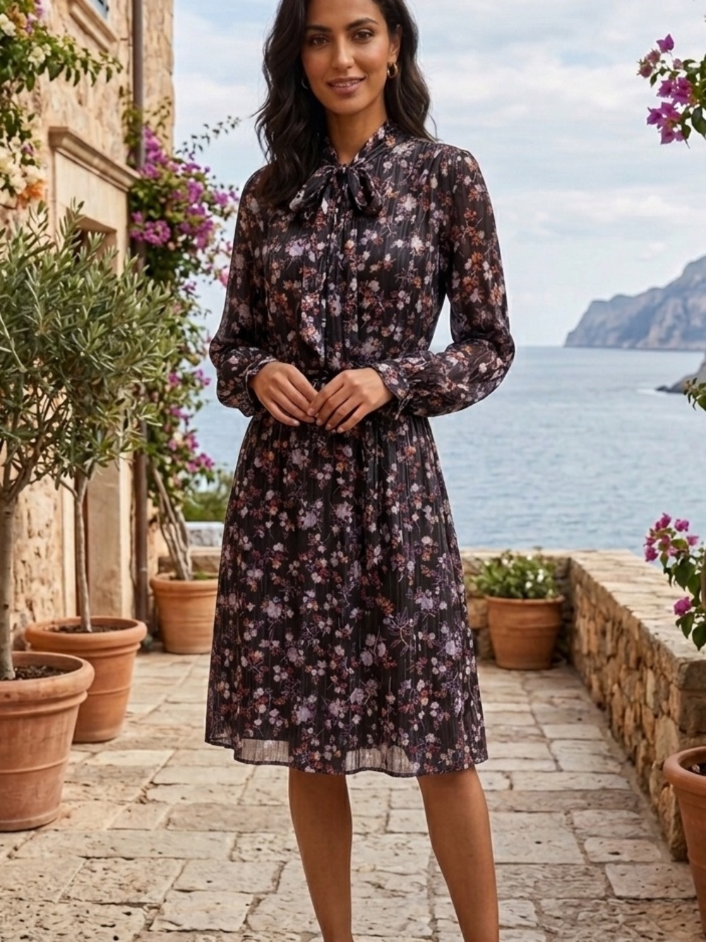 House of Lancry Tie-Neck Floral Long-Sleeve Dress in Black and Pink size Large
